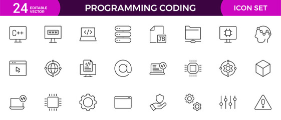 set of Programming coding web icons in line style. Software development icons for web and mobile app. Code, api, programmer, developer, information technology, coder and more.