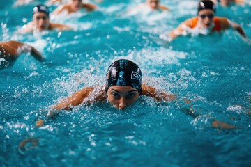 Female athletes are seen swimming butterfly stroke in an indoor pool during a training session, focused on a swimmer with a black cap mid-stroke in the foreground
