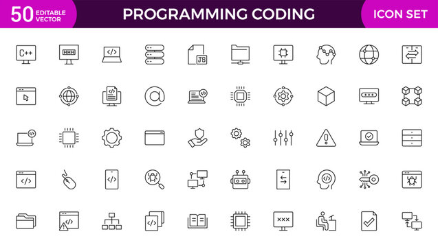 set of Programming coding web icons in line style. Software development icons for web and mobile app. Code, api, programmer, developer, information technology, coder and more.