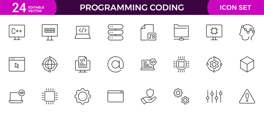 set of Programming coding web icons in line style. Software development icons for web and mobile app. Code, api, programmer, developer, information technology, coder and more.