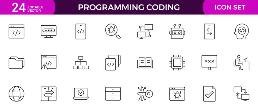 set of Programming coding web icons in line style. Software development icons for web and mobile app. Code, api, programmer, developer, information technology, coder and more.