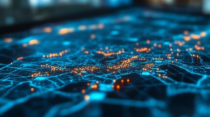 Detailed Illuminated Map Depicting City Infrastructure and Connected Data