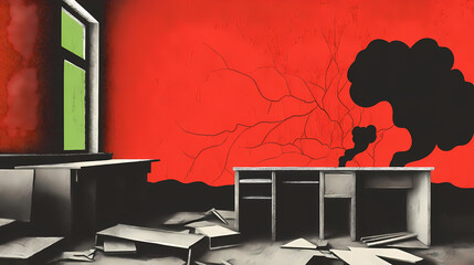 Destruction and chaos in an abandoned classroom urban environment surreal photography dramatic viewpoint. object echo. Illustration