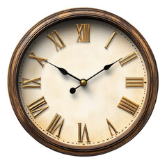A close up shot of a clock with roman numerals and a wooden frame on a black background isolated view
