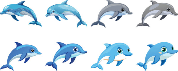 set of jumping dolphins isolated on white background
