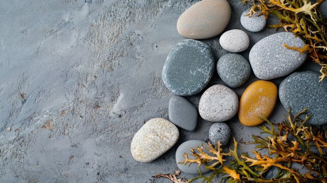 flat lay of tidewashed stones and kelp strands in coastal Norway, smooth gray, green, and amber tones
