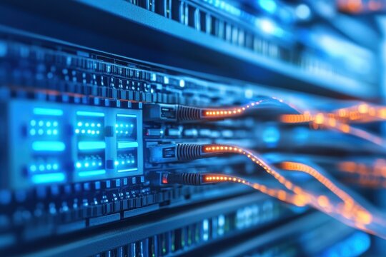 Data center with fiber optic cables connecting to servers showing high-speed internet connection and database information transfer for global communication and network technology - Powered by Adobe