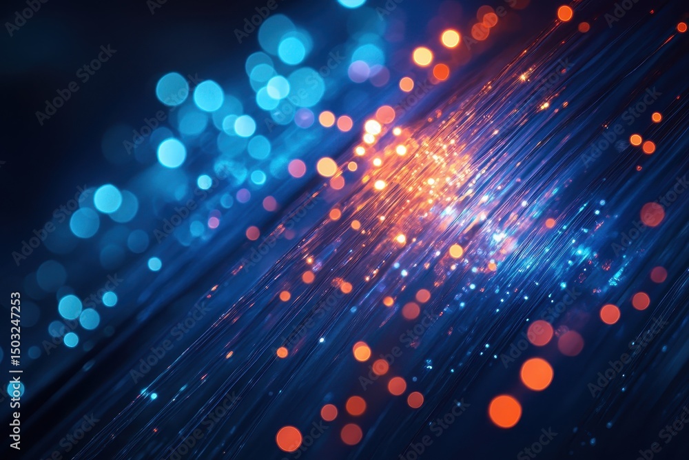 Poster fiber optic cables transmitting data connections with blue and orange lights showing information tra