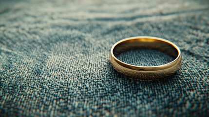 Gold wedding ring resting on a soft velvet surface, symbolizing love, commitment, and elegance, with caption space on the side for a refined presentation.

