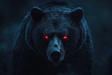 Fierce dark bear with glowing red eyes emerging from the shadows in a forest, symbolizing bravery and representing the untamed power of nature at twilight