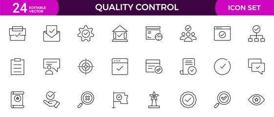 set of Quality Control line icon. Included the icons as inspect, QA, qualify, quality control, check, verify, and more.