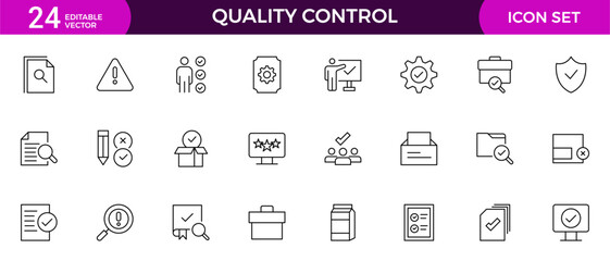 set of Quality Control line icon. Included the icons as inspect, QA, qualify, quality control, check, verify, and more.