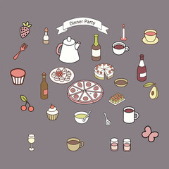 Set of hand drawn whimsical illustrations of food and drinks. Doodle drawings of italian and french food, cocktails, flowers and decor. Coquette line art in vintage style.