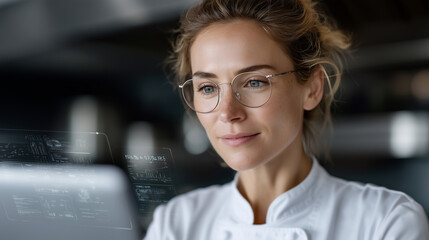 Female chef cooking with statistical data overlays, focused and innovative, culinary arts, kitchen tech, data-driven cooking, professional chef.