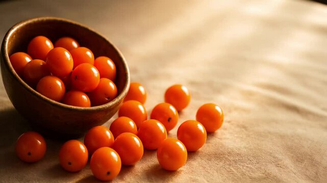 Rustic Bowl Overflowing with Glossy Orange Nance Berries on Linen