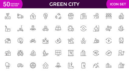 Line icons about green city. Sustainable development. Contains such icons as renewable energy, autonomous building, air and water quality.