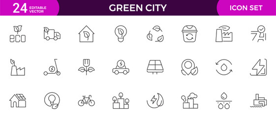 Line icons about green city. Sustainable development. Contains such icons as renewable energy, autonomous building, air and water quality.