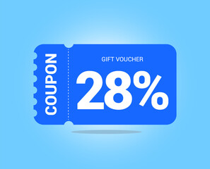 28% coupon promotion sale. Twenty eight percent Vector Gift Voucher. Blue discount, lucky ticket, special offer promo. Web, shopping label, percent sign. Special price offers.