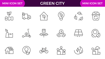 Line icons about green city. Sustainable development. Contains such icons as renewable energy, autonomous building, air and water quality.