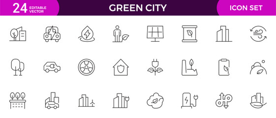 Line icons about green city. Sustainable development. Contains such icons as renewable energy, autonomous building, air and water quality.