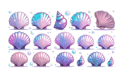 Design a set of magical pastel seashell illustrations in a modern vector style, easily editable and scalable