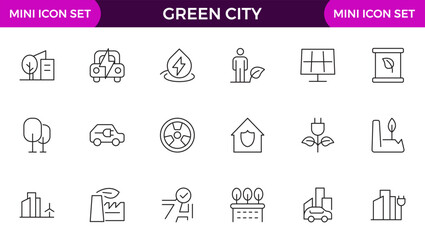 Line icons about green city. Sustainable development. Contains such icons as renewable energy, autonomous building, air and water quality.