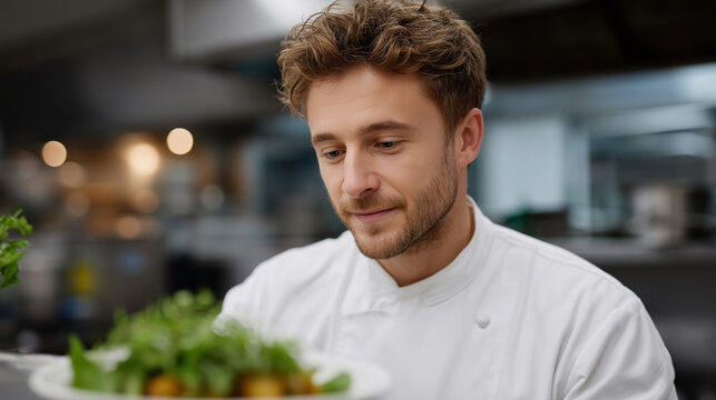 Chef in a white coat cooking in a school kitchen, diligent and skilled, school meals, culinary arts, professional kitchen, food safety.