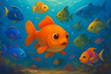 Fototapeta premium Colorful underwater scene with goldfish swimming among other fish 