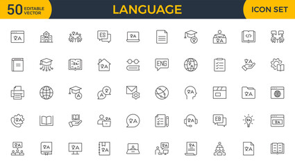 Set of Language web outline icon set. Language translation, linguistics, speaking, dictionary, listening skills, writing, communication, speech, non-verbal, writing, dictionary, text collection.