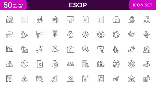 Set of Outline icons about ESOP employee stock ownership plan. Contains such icons as company, win-win, scheme and benefits.