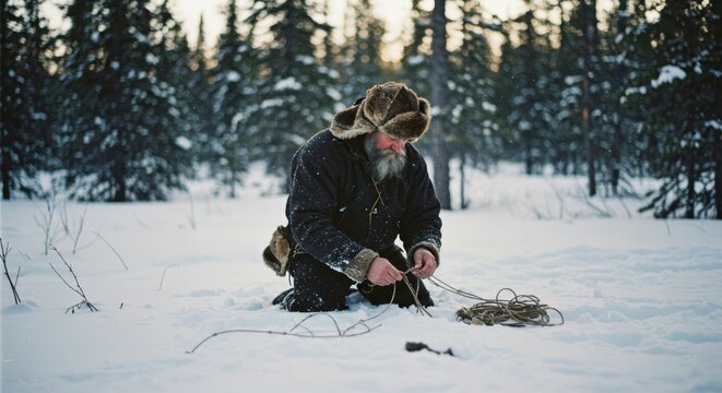 Winter solitude: Trapper preparing snares in a serene snowy woodland landscape