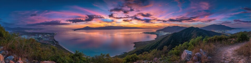 Panoramic Twilight Over Tranquil Bay With Islands Landscape View