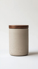 Light beige minimalist round wooden jar with lid on white background, featuring clean lines and natural textures with caption space on the side for modern, simple aesthetics.

