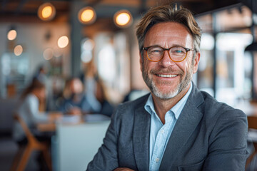 Fototapeta premium A confident, smiling man with glasses and a blazer stands in a modern office with warm lighting and a blurred background of coworkers.