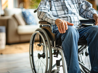 An elderly person in a wheelchair sits indoors, dressed in casual clothing, with hands resting on their lap.