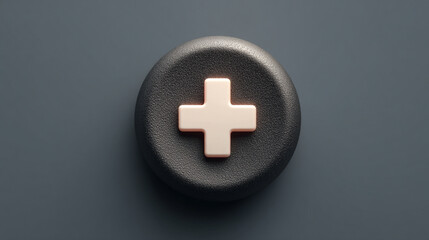 Fototapeta premium 3D minimalistic medical icon featuring a white cross inside a dark circle with shadow effect, set against a white gold silver toned background with caption space on the side.