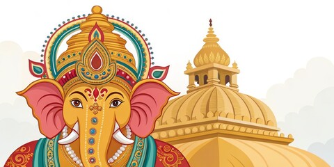Ganesha Illustration with Temple Background, Hindu, Deity