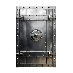 A close up shot of a large metal vault door with a circular lock on a black isolated background