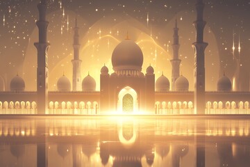 Grand Mosque Night Scene Golden Hues Reflecting Water