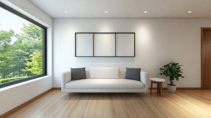 Contemporary living room interior design with large window.