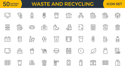Set of Waste and Recycling line icons. Garbage, Trash, separation, and waste recycling Linear icon collection.