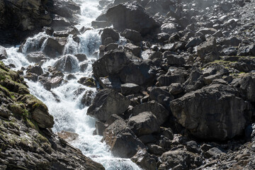 A roaring alpine waterfall crashes over cliffs surrounded by spring bloom. This is Engstligenfälle at its most powerful, fed by snowmelt and spring rains.