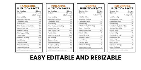 Nutrition Facts Label for Fruits: Red Grapes, Tangerine, Pineapple, and Grapes. Editable EPS Vector