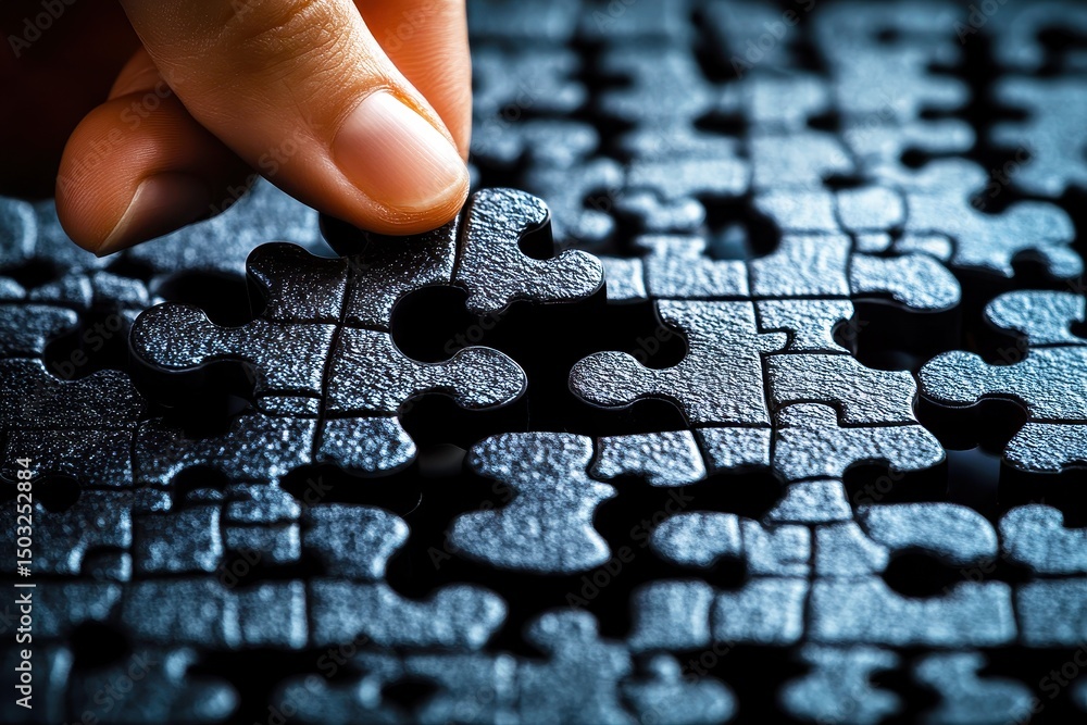 Poster close-up of a hand placing a piece into a black puzzle on a dark background for concepts of problem 