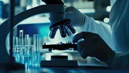 Scientist meticulously adjusts a microscope, examining a specimen