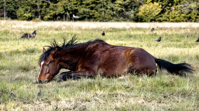 A horse  is taking rest in a fild 