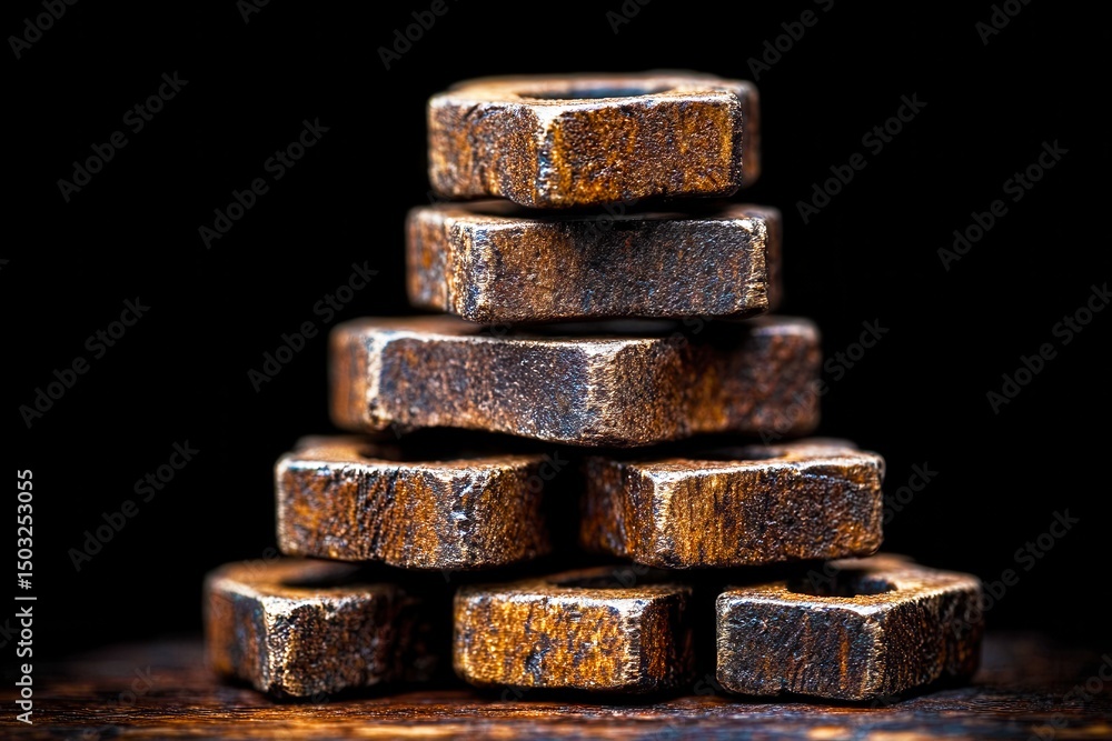Poster stack of vintage metal blocks with rusty texture on dark background in artistic arrangement for indu