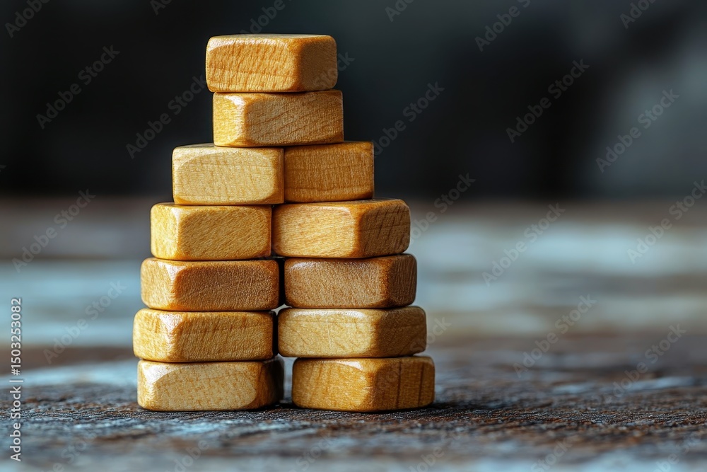 Poster wooden blocks stacked in a pyramid shape on a rustic surface with soft focus background and natural 