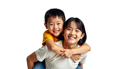 Happy Asian Siblings Hugging, Isolated on Isolated Background