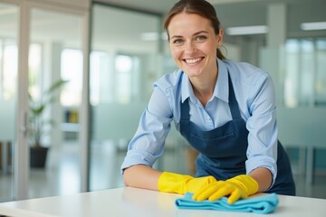 Happy Female Janitor Cleaning Desk in a Well-Lit Office